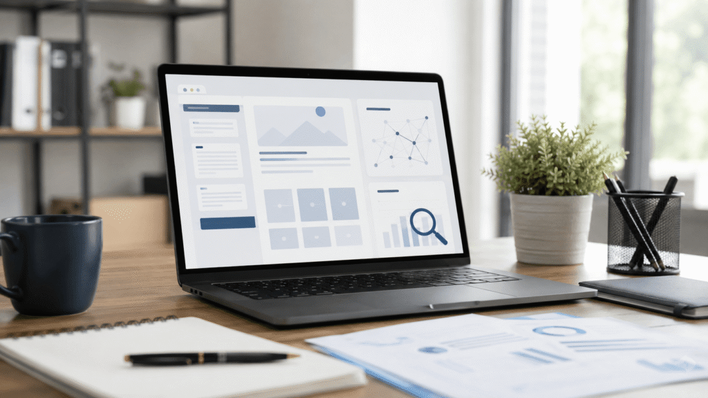 Pantalla de WordPress con bloques de contenido estructurado, búsqueda con inteligencia artificial y elementos de organización web para una pyme.