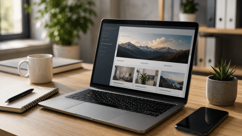Portátil con una web corporativa en un espacio de trabajo moderno, como ejemplo de WordPress rápido y bien mantenido para una pyme.