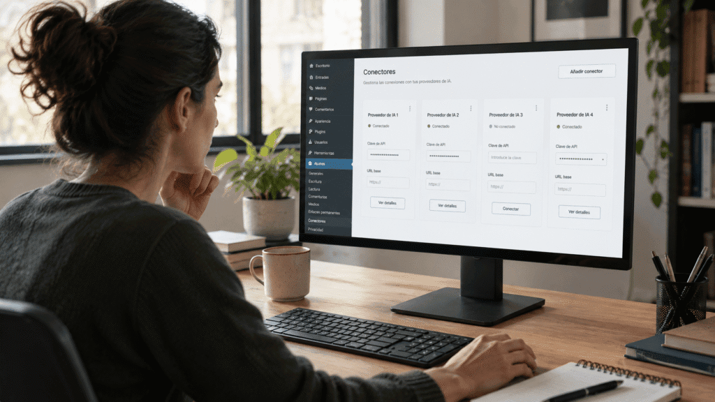 Persona revisando en un ordenador la configuración de varios proveedores de IA en el panel de una web.