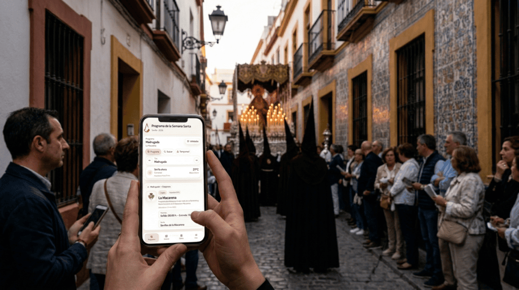 Persona consultando el programa de la Semana Santa de Sevilla en el móvil durante una procesión