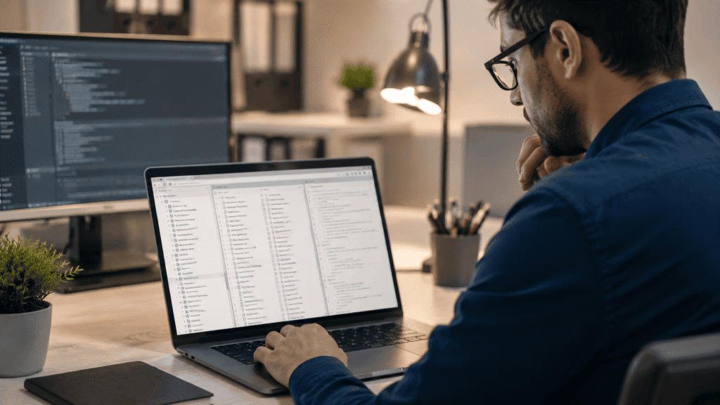 Técnico revisando archivos de una instalación WordPress infectada alojada junto a otras webs