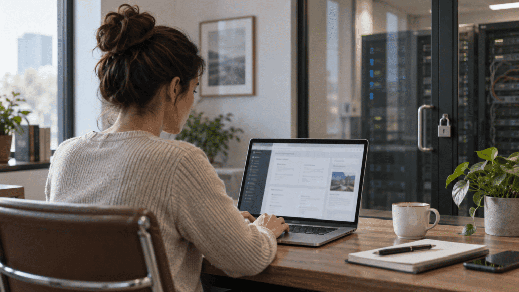 Imagen editorial de una profesional trabajando con una web desde su portátil mientras la infraestructura del servidor permanece separada, representando una situación en la que se dispone de acceso a WordPress pero no al hosting.