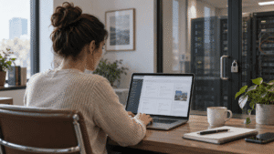 Imagen editorial de una profesional trabajando con una web desde su portátil mientras la infraestructura del servidor permanece separada, representando una situación en la que se dispone de acceso a WordPress pero no al hosting.