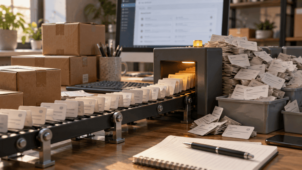Cola de acciones pendientes de WooCommerce representada como tareas acumuladas en un sistema de procesamiento