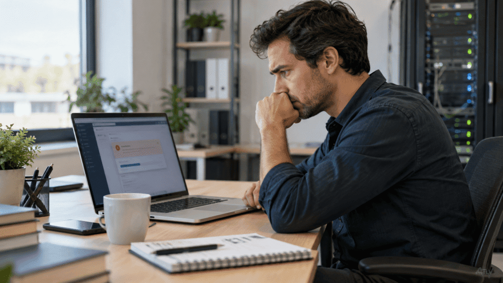 Responsable de una web revisando un aviso de error en su portátil tras actualizar PHP en el hosting.