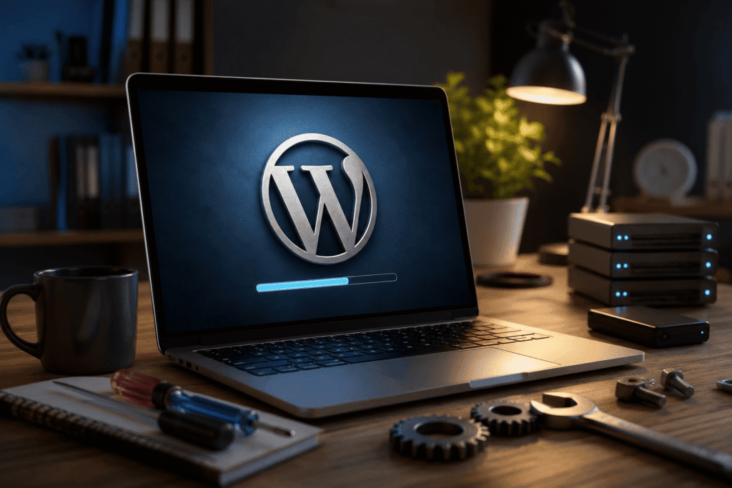 Ordenador con WordPress durante un proceso de actualización y mantenimiento técnico