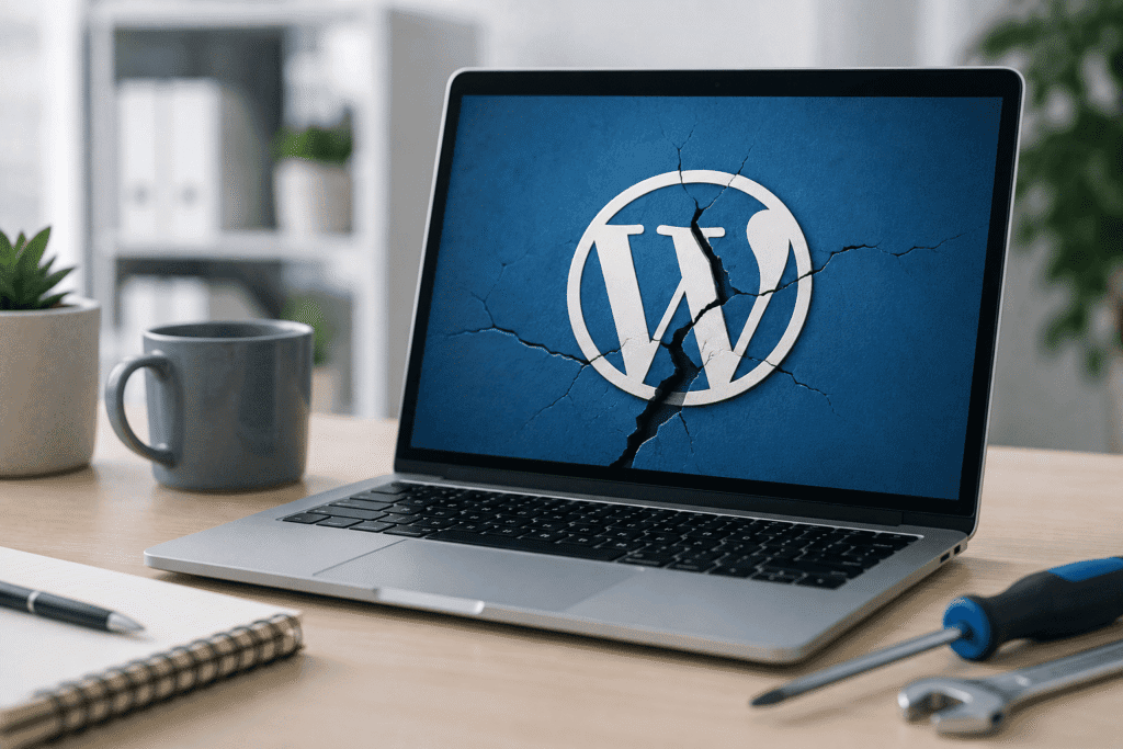 Portátil con WordPress afectado por un error crítico y herramientas de reparación