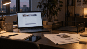 Portátil con un formulario web abierto junto a una bandeja de entrada vacía en un escritorio.