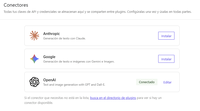 pantalla de AI Connectors