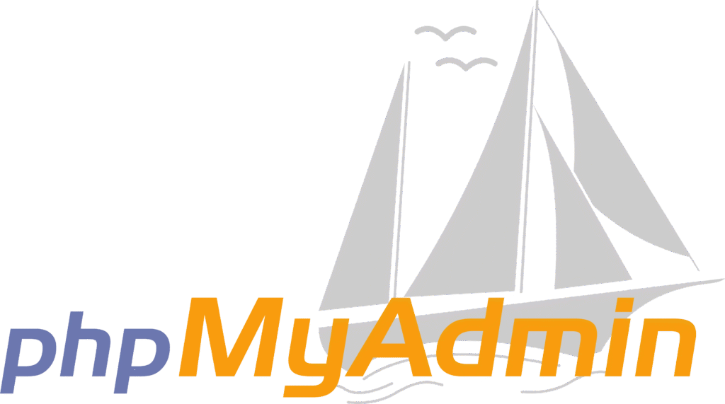 Logo oficial de phpMyAdmin con un velero estilizado en color gris y texto en azul y naranja.