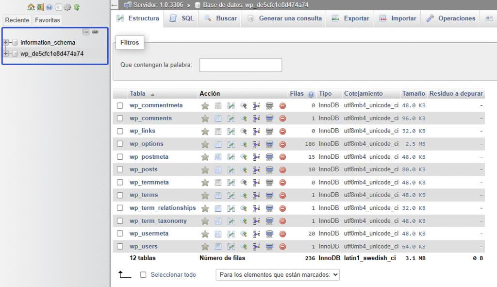 Captura de pantalla de phpMyAdmin mostrando las tablas de una base de datos WordPress, incluyendo wp_users, wp_posts y wp_options.