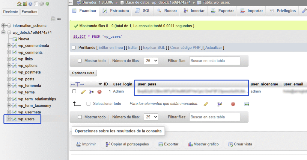 Captura de phpMyAdmin mostrando la tabla wp_users de WordPress, con las columnas user_login, user_pass y user_email visibles para editar contraseñas de usuarios.