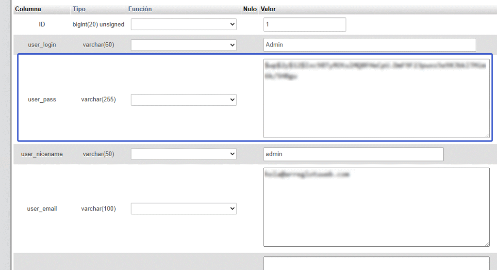 Formulario de edición de usuario en phpMyAdmin mostrando el campo user_pass de la tabla wp_users de WordPress para cambiar la contraseña.