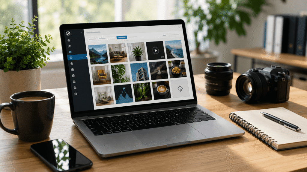 Profesional organizando y optimizando fotografías para una web WordPress desde un espacio de trabajo moderno.