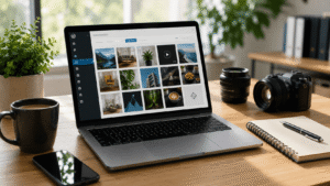 Profesional organizando y optimizando fotografías para una web WordPress desde un espacio de trabajo moderno.