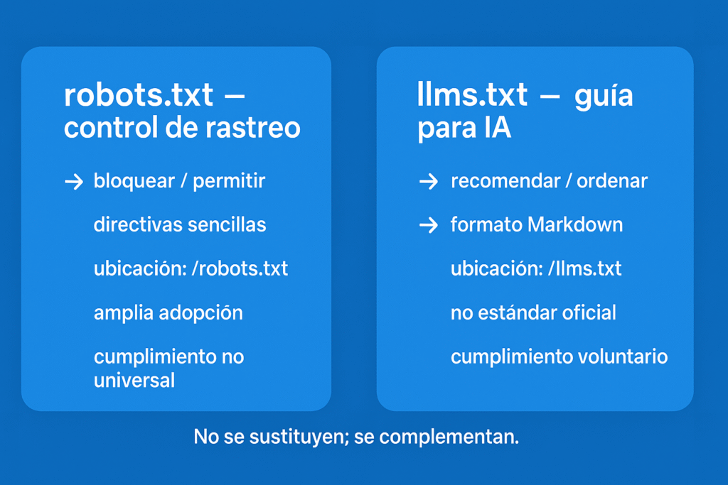 Comparativa visual entre robots.txt y llms.txt