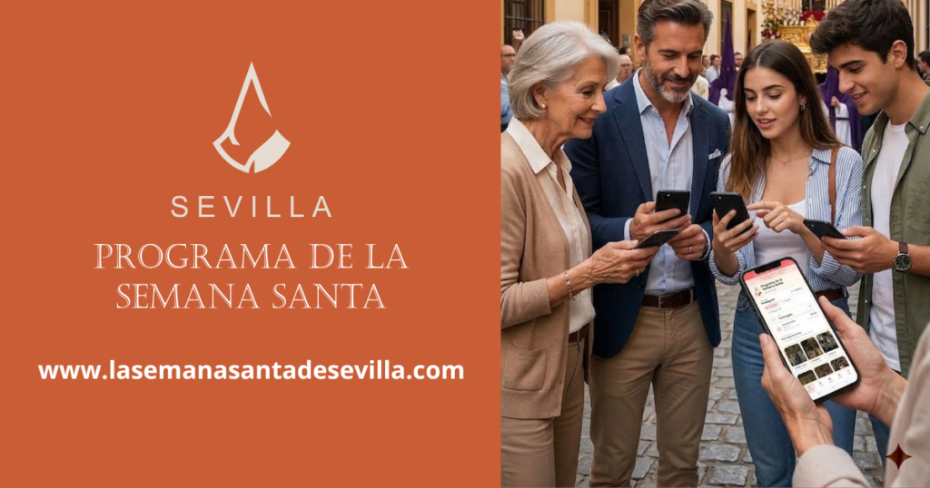 Personas consultando el programa de la Semana Santa de Sevilla en sus móviles