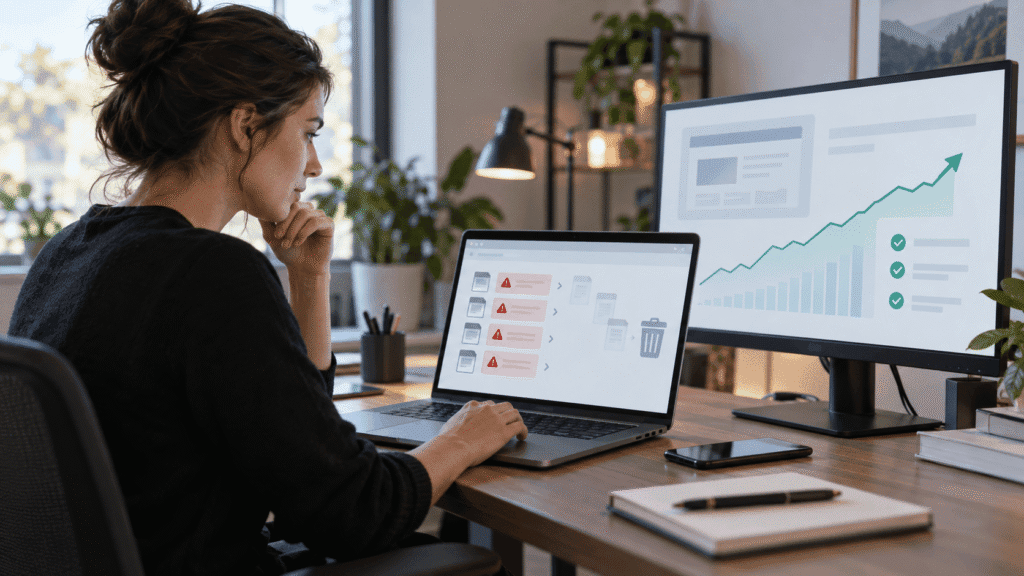 Profesional revisando la eliminación de páginas spam y la recuperación SEO de una web