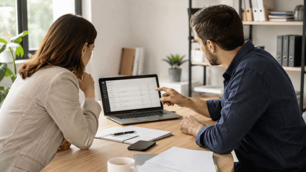 Dos personas revisan en un portátil las cuentas de usuario de la web de una empresa.