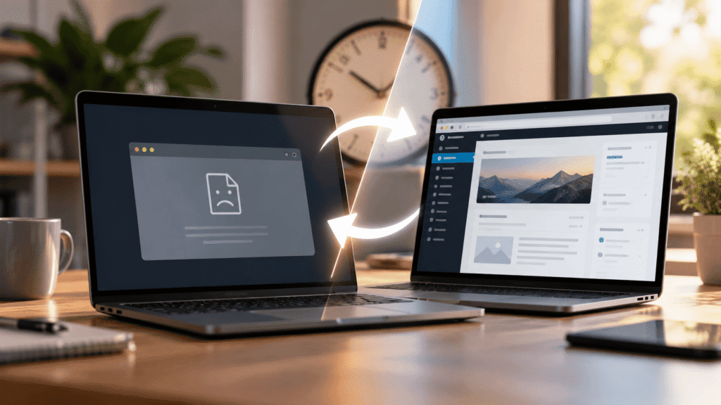 Dos portátiles que representan una web WordPress caída y su posterior recuperación.