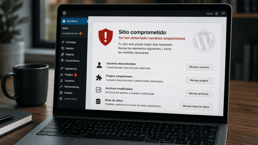 Portátil con WordPress actualizado mostrando un aviso de sitio comprometido