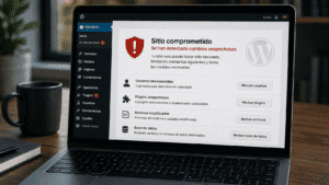 Portátil con WordPress actualizado mostrando un aviso de sitio comprometido