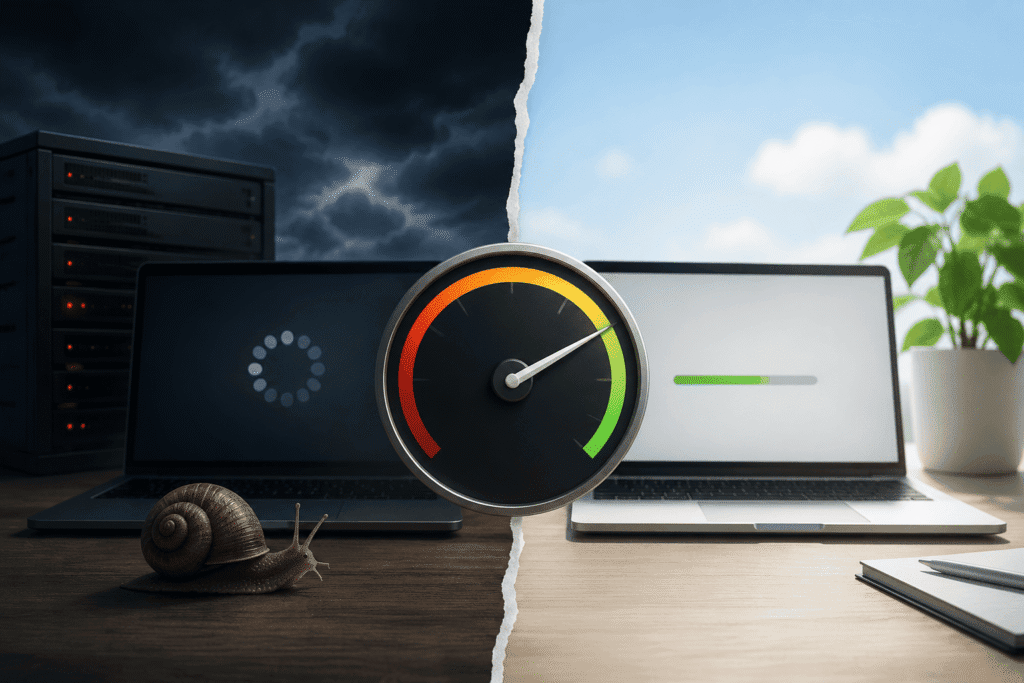 Comparación visual entre un WordPress lento y una web rápida para diagnosticar si el problema está en el hosting o en la propia web.